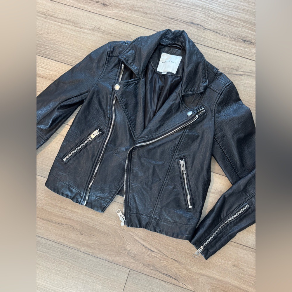 American Eagle faux Leather Jacket Womens small‎ back fall biker Y2K Moto Grunge
